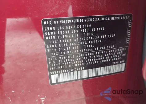 2018 Volkswagen Tiguan 2.0T S z USA, uszkodzony, nr VIN 3VV1B7AXXJM124554